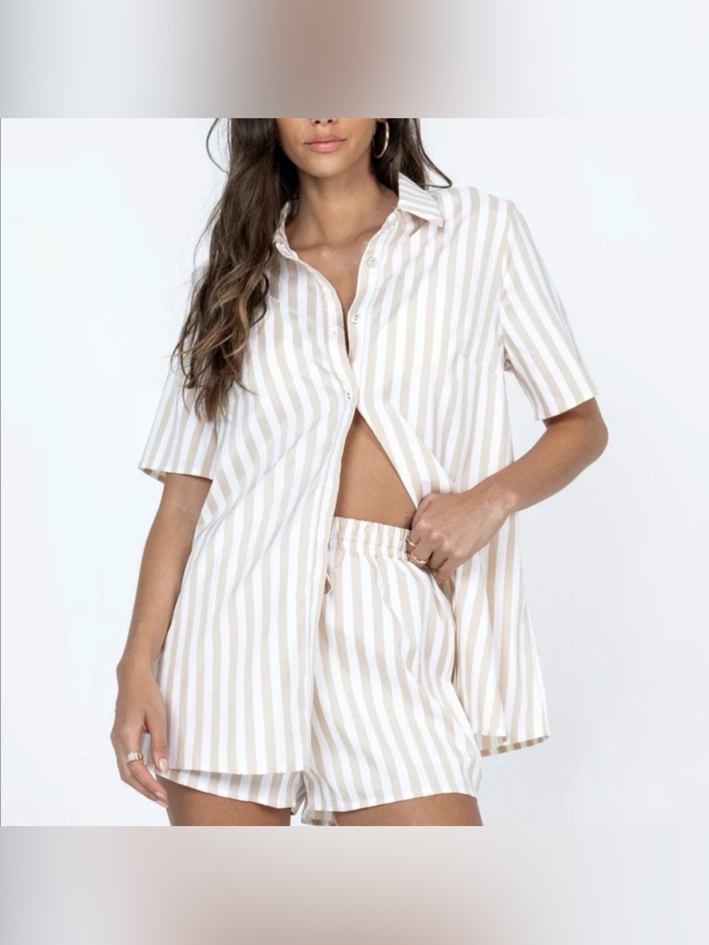 NWOT! Princess Polly Beige & White Stripe Loungewear Shirt & Short Set, sz 4